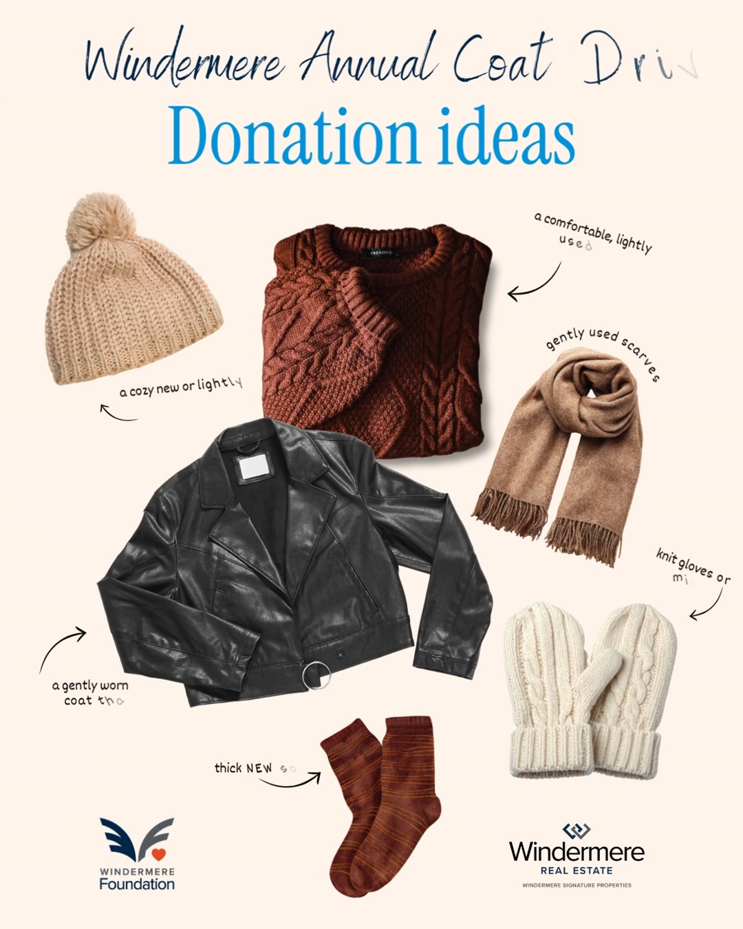 We are halfway through October which means you still have time to donate gently used or new coats and other winter clothing items to our annual coat drive! 🧥

With your help, we have been able to distribute over 122,000 winter clothing items to local nonprofits over the years, and we hope to raise that number to 130,000 this year. 🤝

If you have even one coat or jacket that you can part with, it can make all the difference in someone’s life. 💙
Need some ideas? We got you.

Donations can be dropped off Mon-Fri 8-5PM at Windermere Natomas
180 Promenade Circle Ste 220, Sacramento, CA 95834 or reach out to your Windermere agent to see if they can pick them up for you.

#windermeresignatureproperties #windermerefoundation #coatdrive